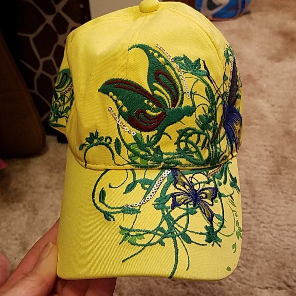 Flower & Butterfly Yellow Sequin Cap Adjustable NWT